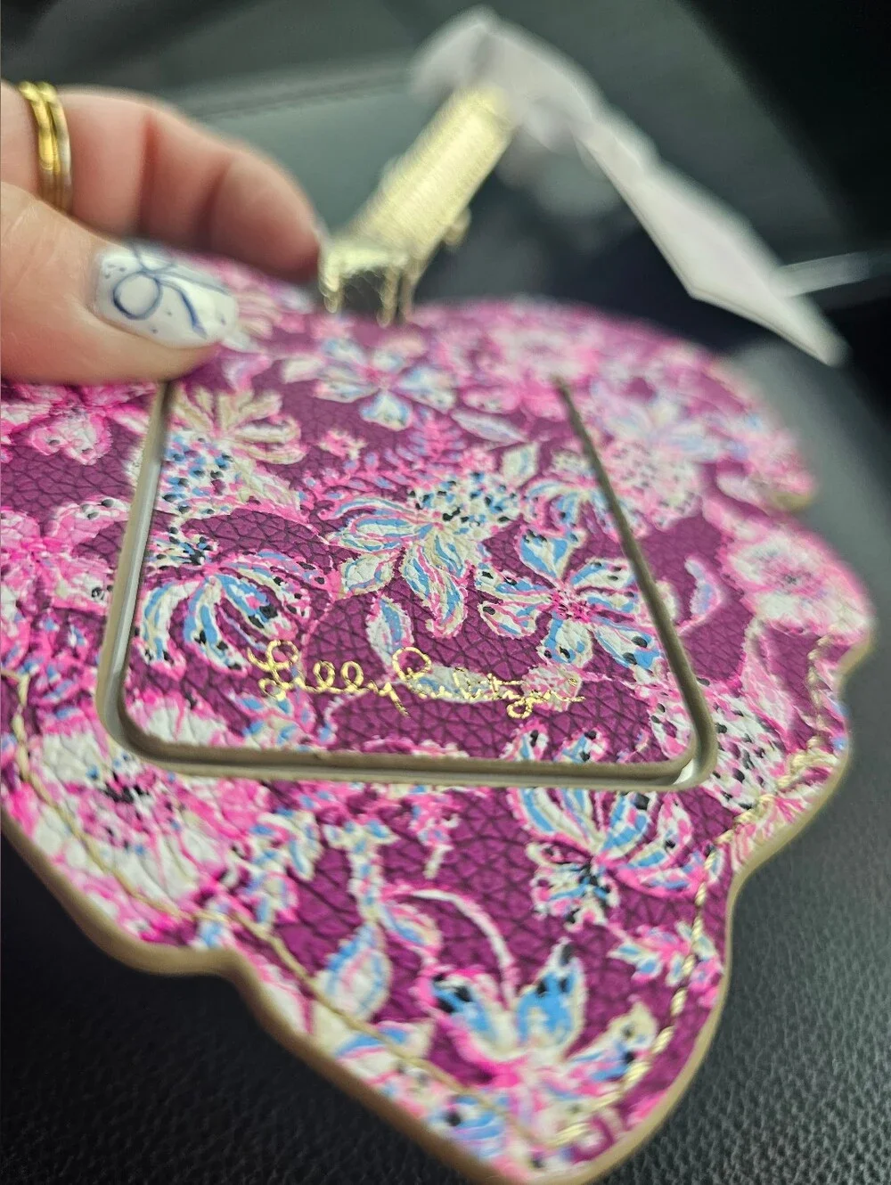 Lilly Pulitzer Blue and White Floral-Style Scrunchie with Pink Leaf Luggage Tag